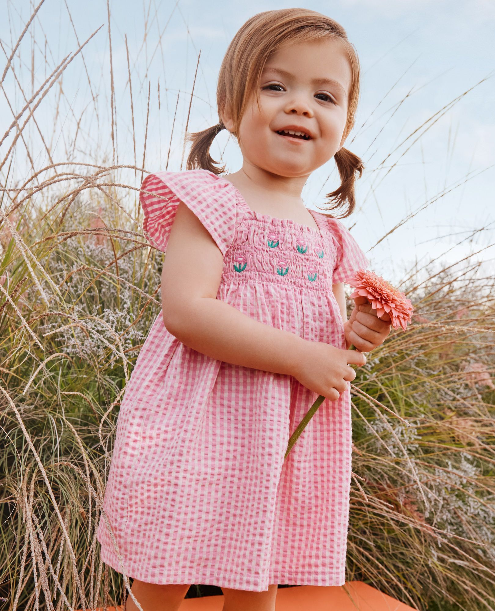 Baby Flutter Sleeve Seersucker Dress & Bloomers Set in Pink Gingham - main