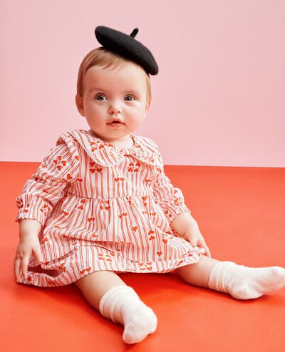 Baby Long Sleeve Poplin Bow Collar Dress & Bloomers Set in Red Stripes of Love - main
