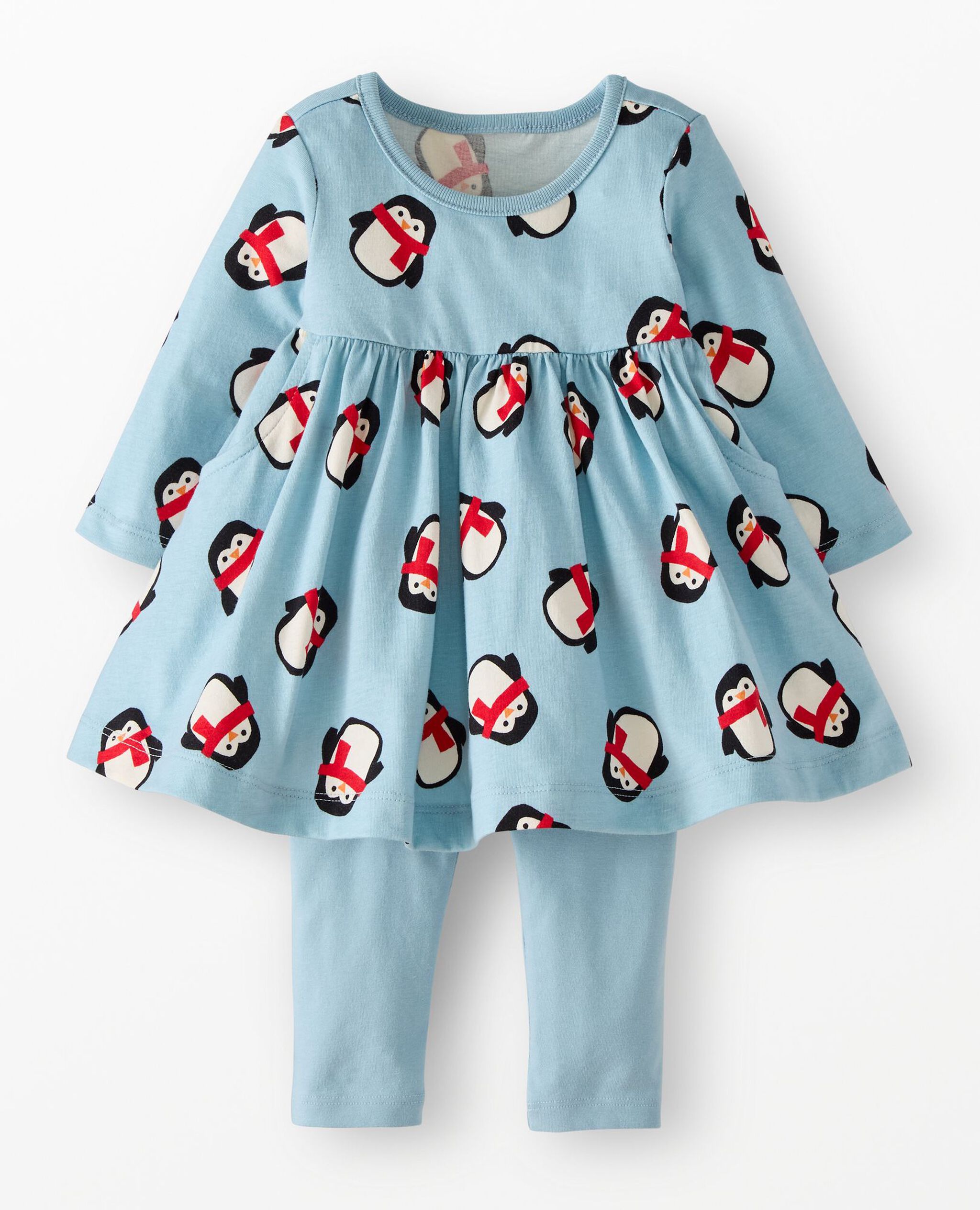 Baby Holiday Long Sleeve Everywhere Dress & Leggings Set in Cute Penguins on Robin Egg Blue - main