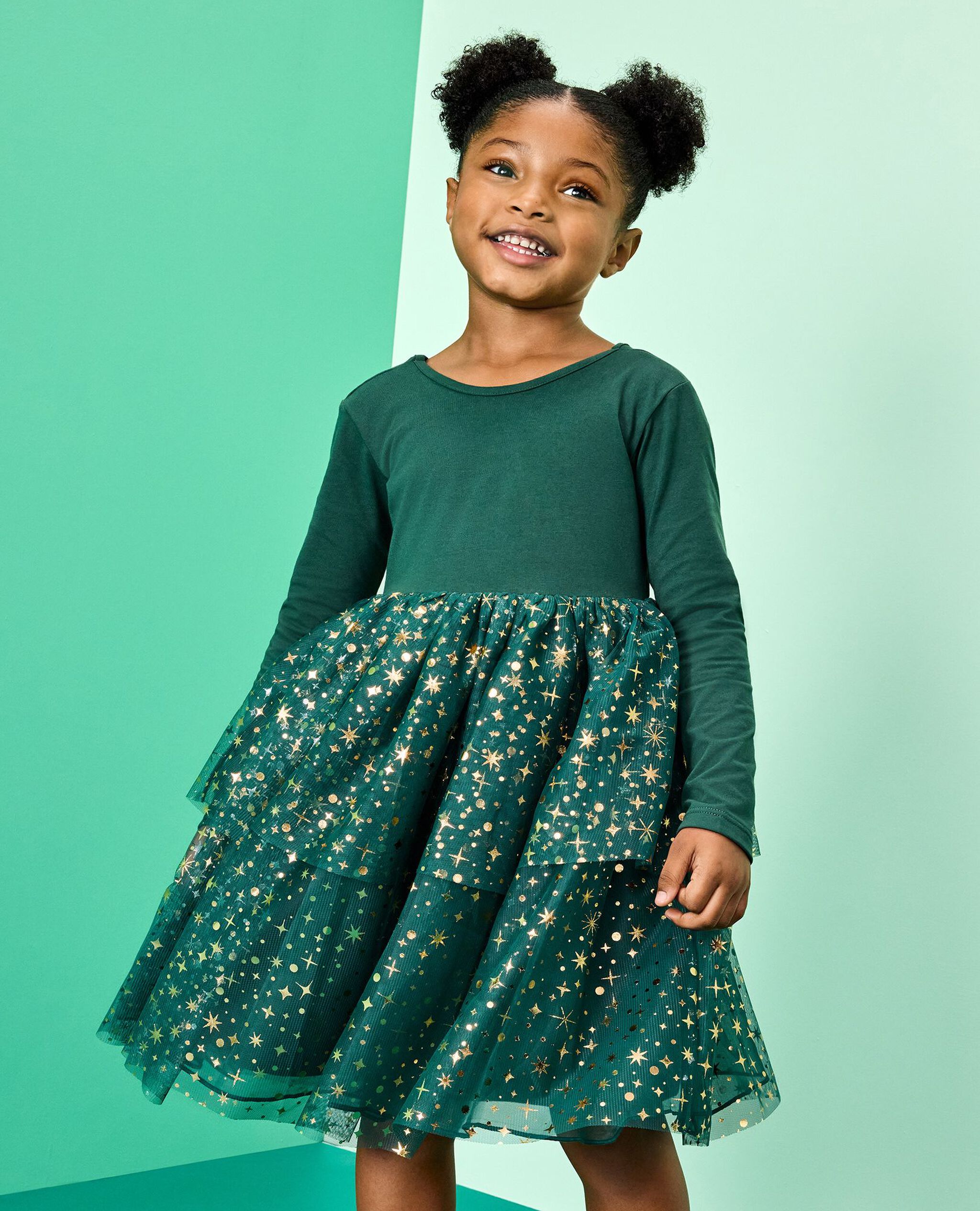 Long Sleeve Tulle Shimmer Dress in Malachite - main
