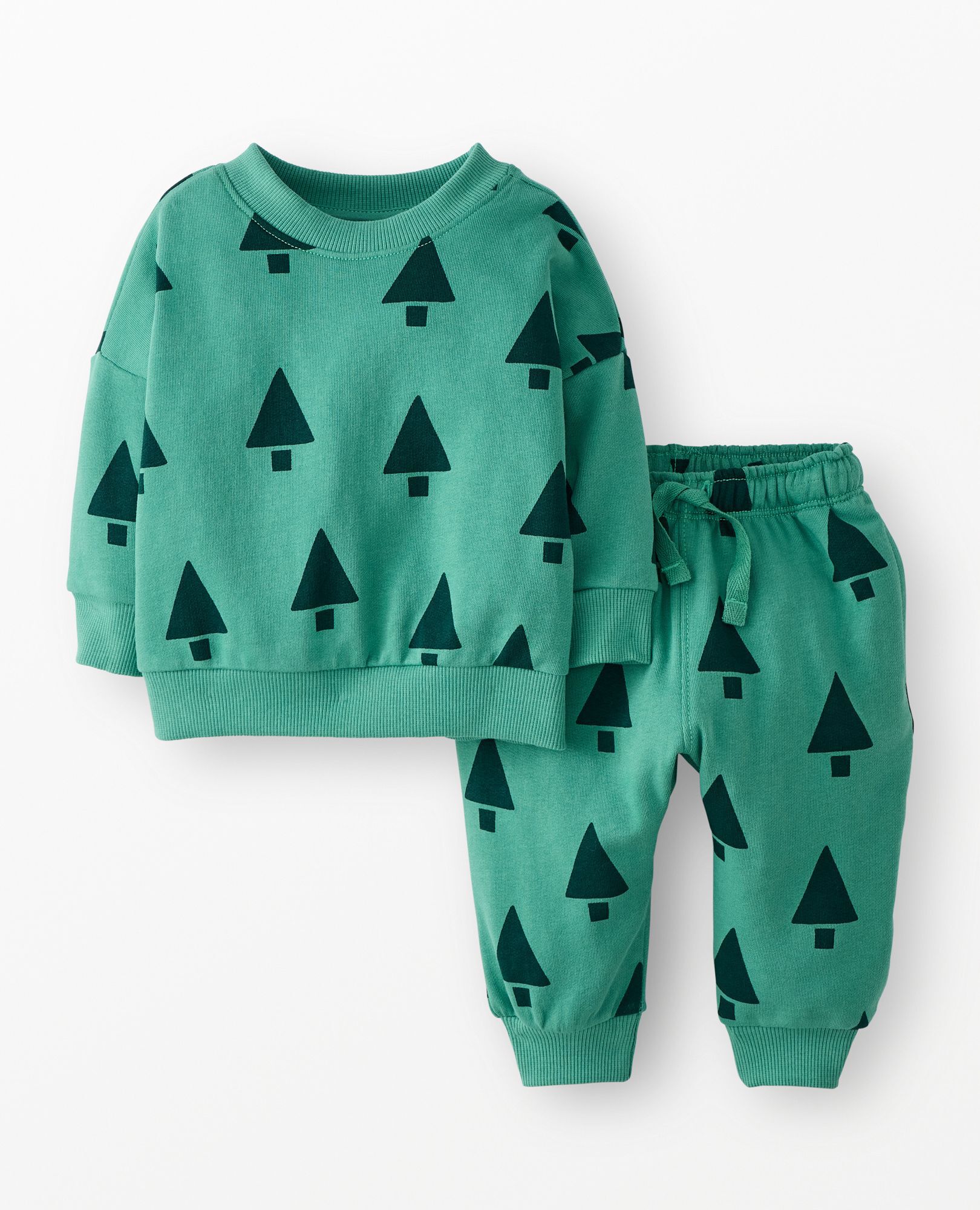 Baby Holiday French Terry Sweatshirt & Sweatpants Set in Happy Green Trees on Green - main