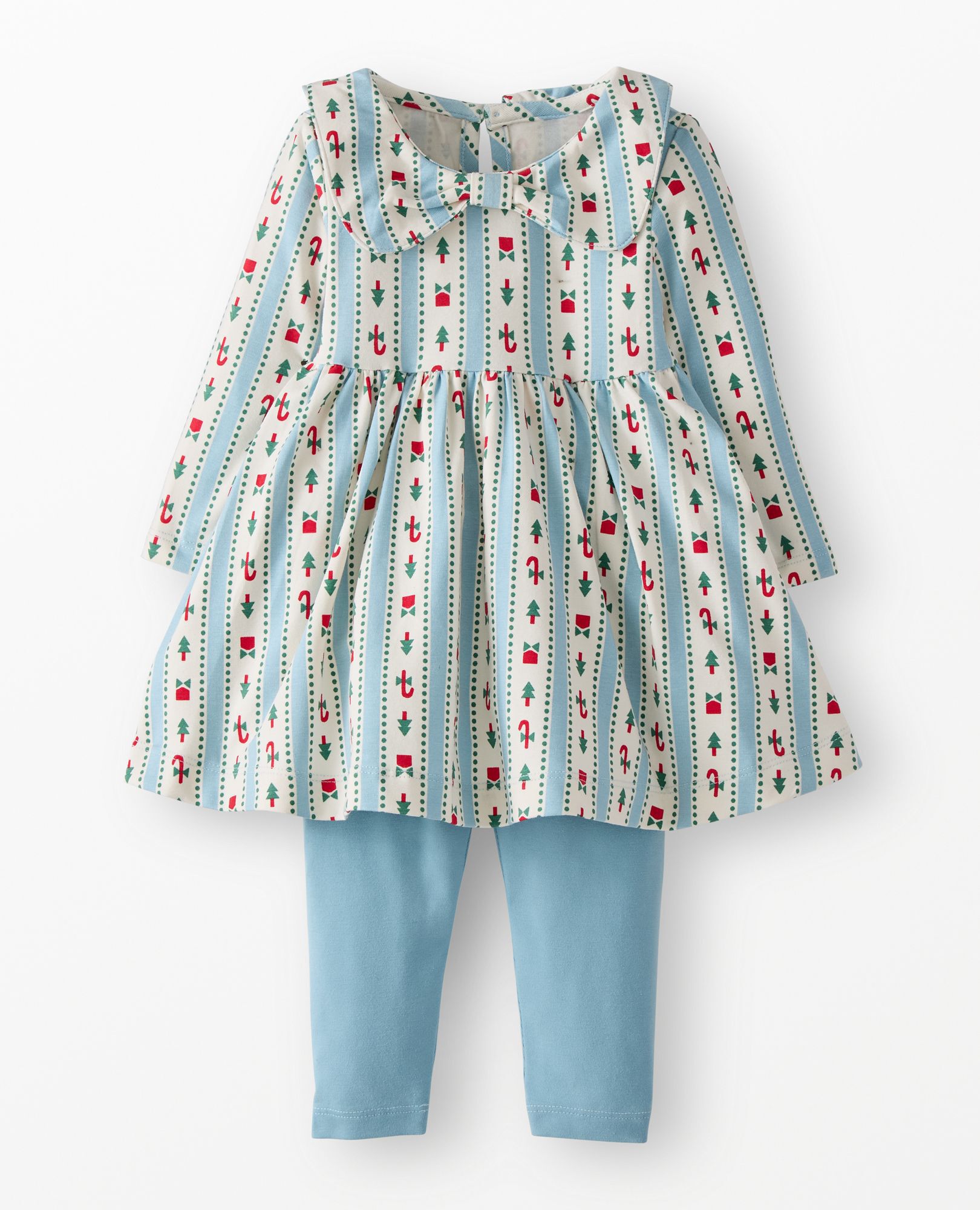 Baby Holiday Long Sleeve Bow Skater Dress & Leggings Set in Christmas Ribbons on Robin Egg Blue - main