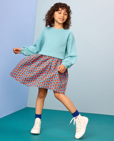 French Terry Mixie Dress in Red Apples on Cameo Blue - main
