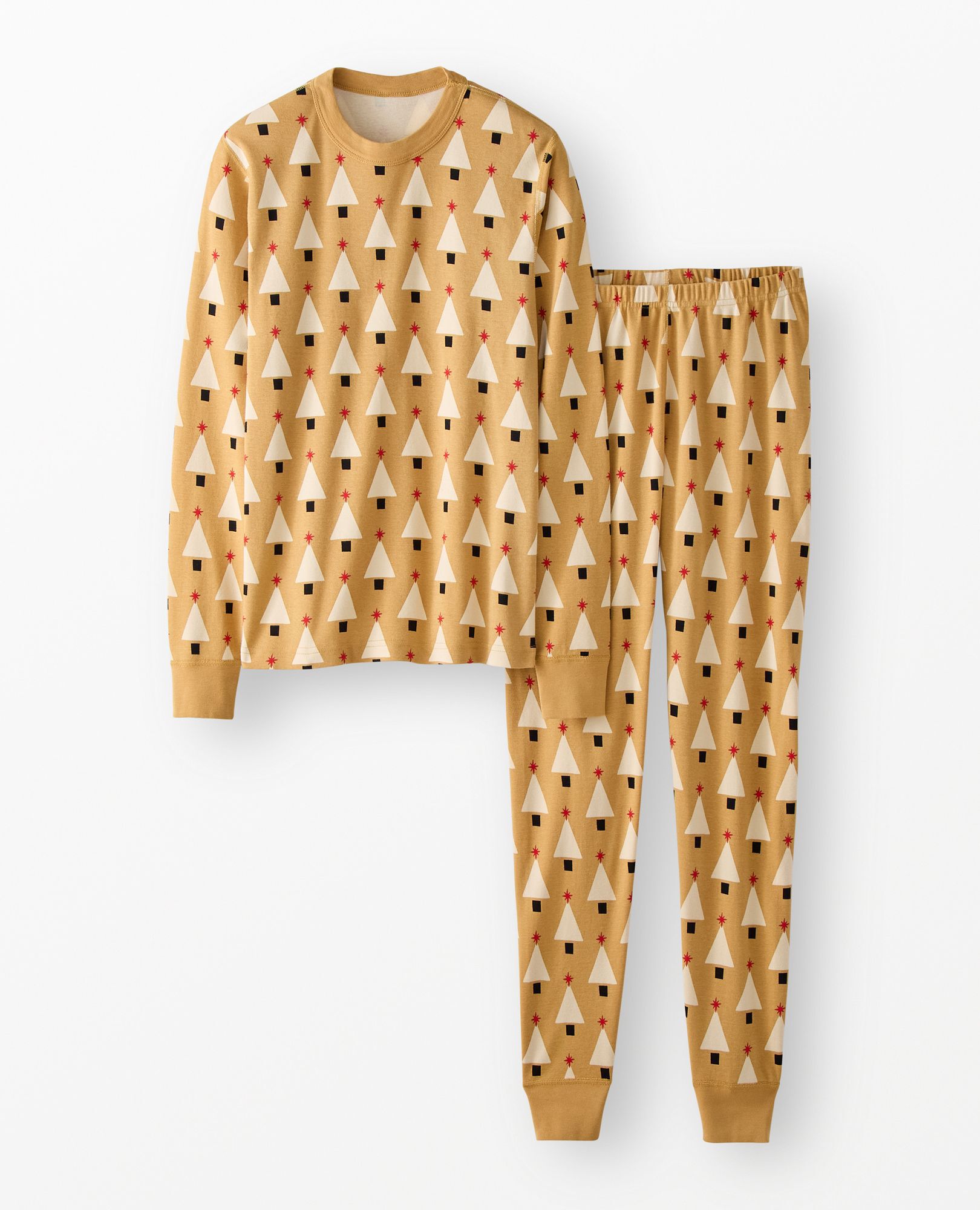 Adult Holiday Long John Pajama Set in Winter Trees on Camel - main