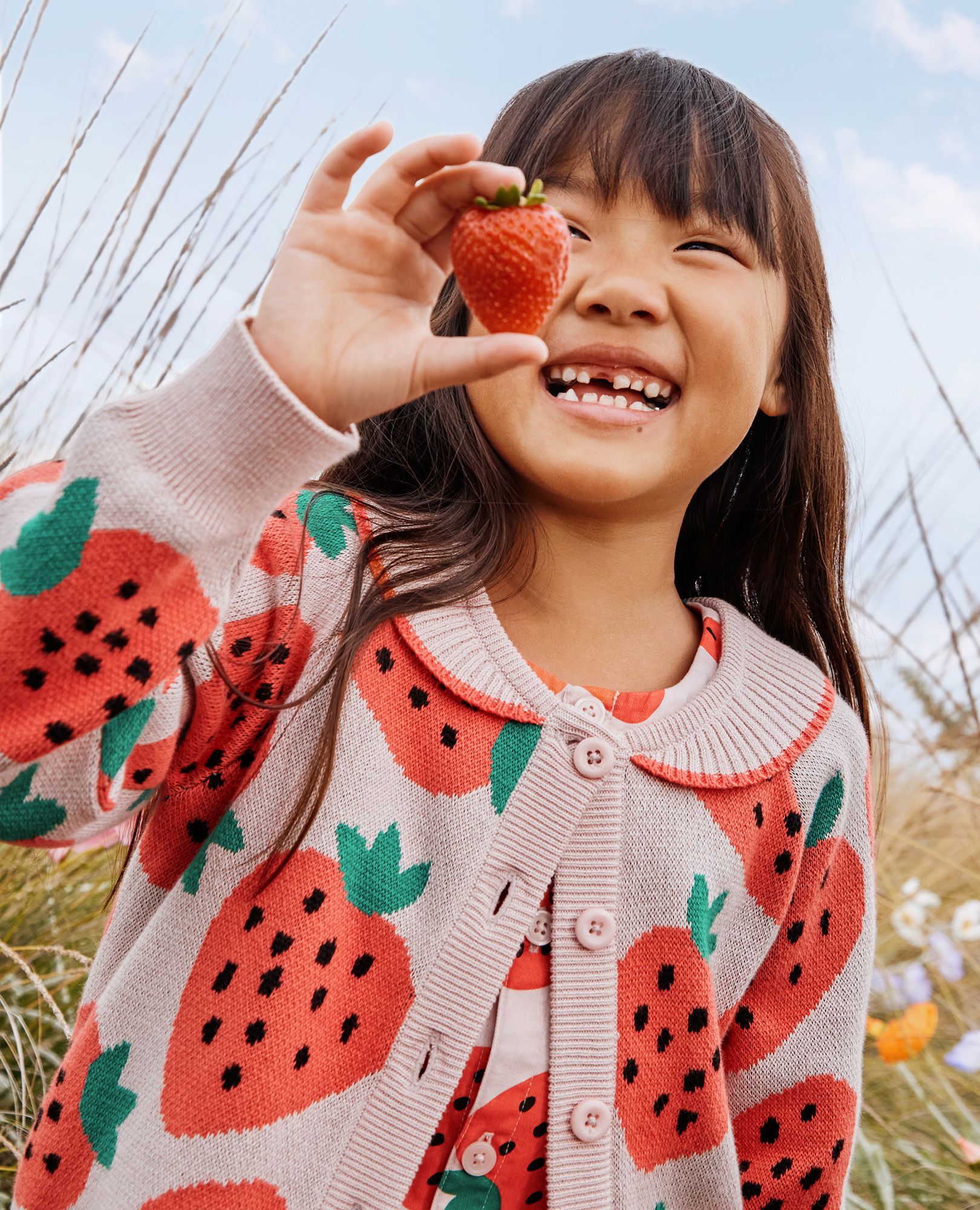 Jacquard Cardigan Sweater in Strawberry Sweetness on Light Pink - main