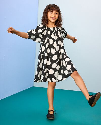 Puff Sleeve Dress in Ecru Cherries on Black - main