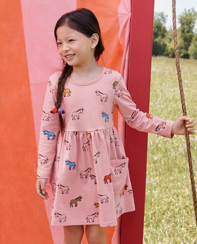 Long Sleeve Playground Dress with Pockets in Donkeys on Powdered Rose - main
