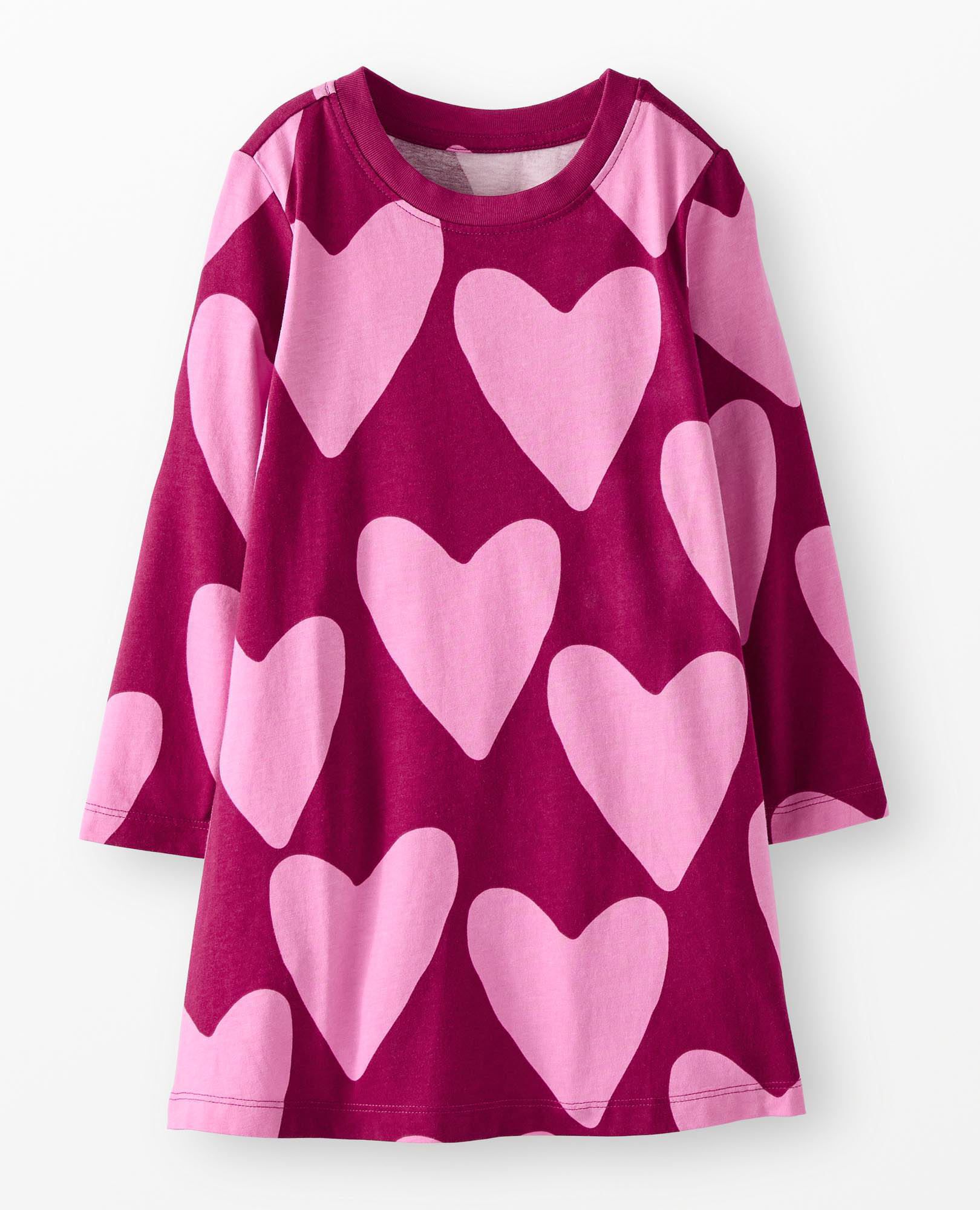 Long Sleeve T-Shirt Dress with Pockets in Hearts on Raspberry - main