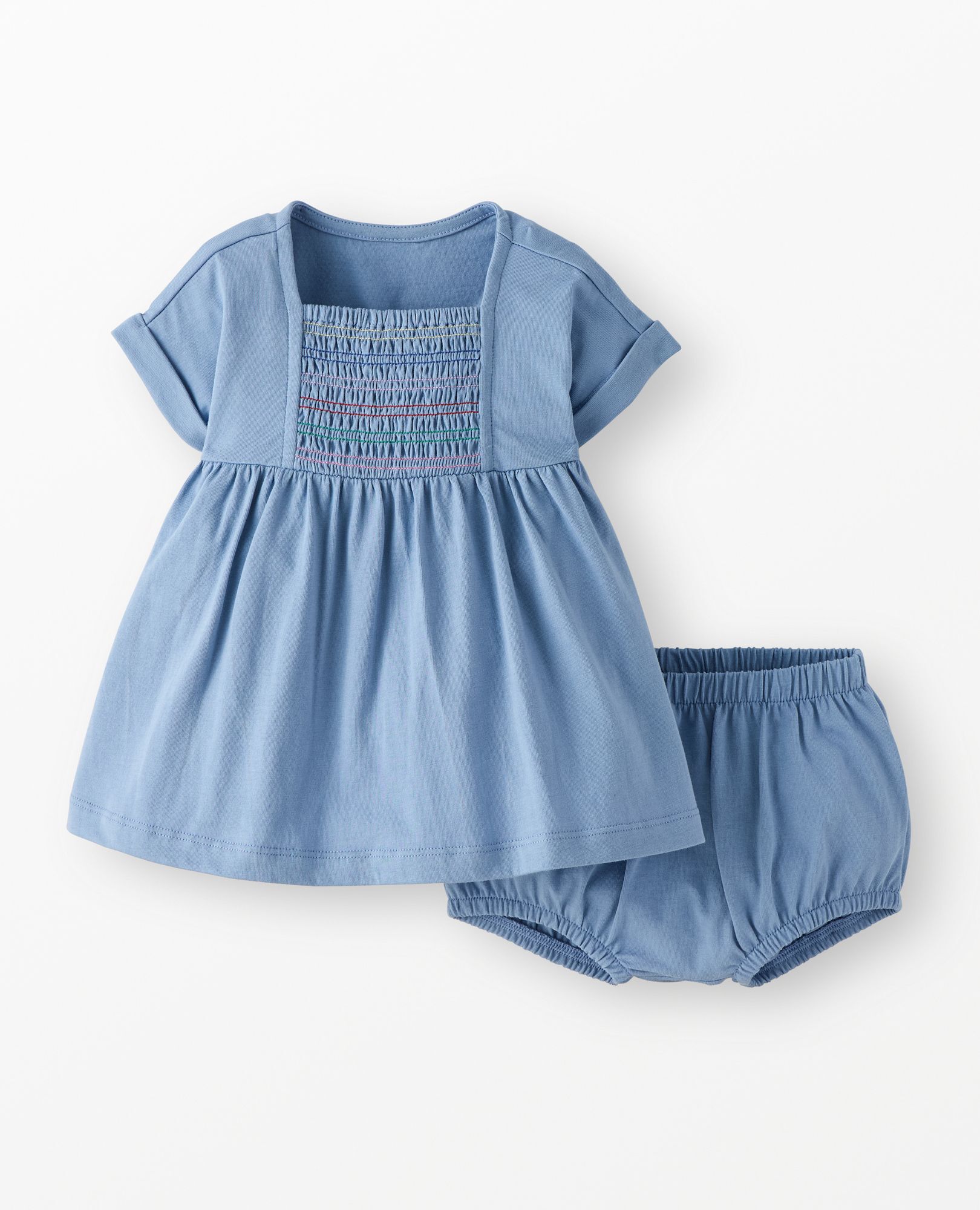 Baby Dolman Sleeve Smocked Dress & Bloomers Set in Forever Blue - main