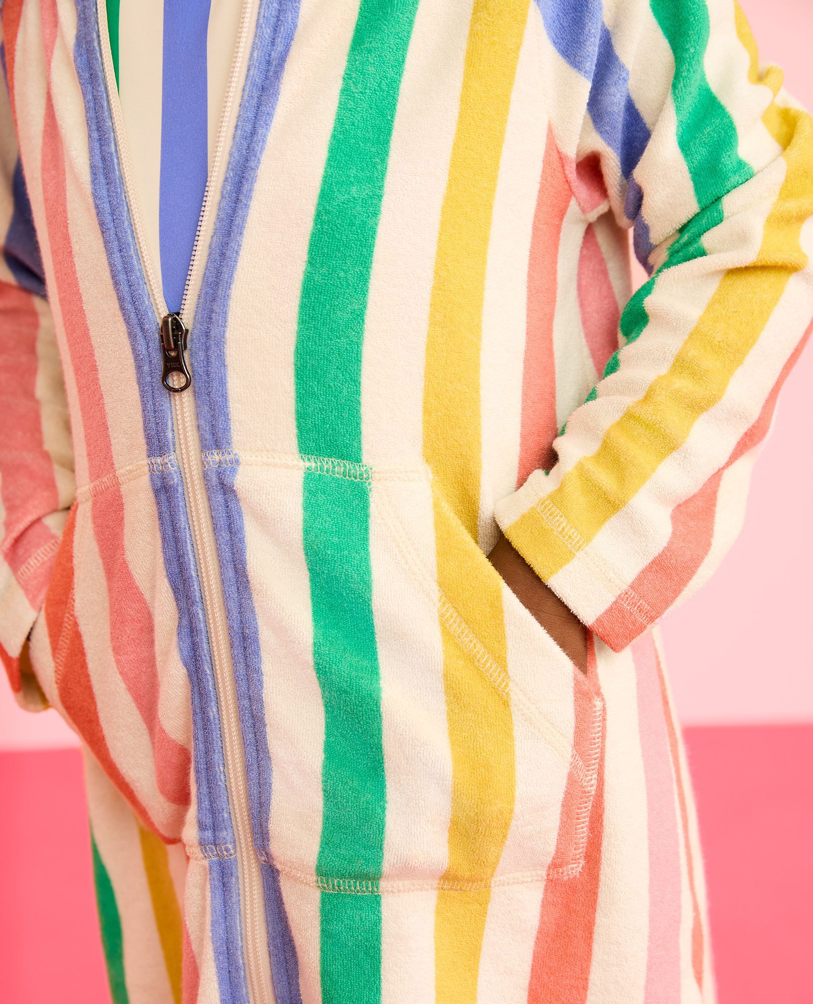 Long Sleeve Loop Terry Hoodie Cover Up in Ecru Multi Stripe - main