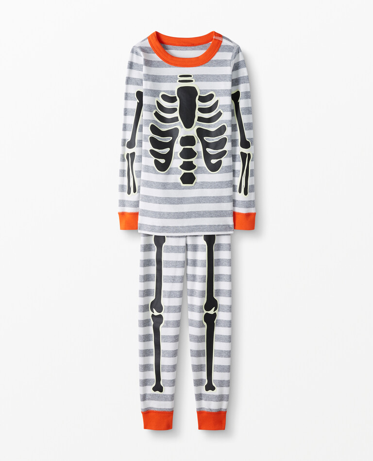 Glow-In-The-Dark Long John Pajamas In Organic Cotton in Skeleton Crew White - main