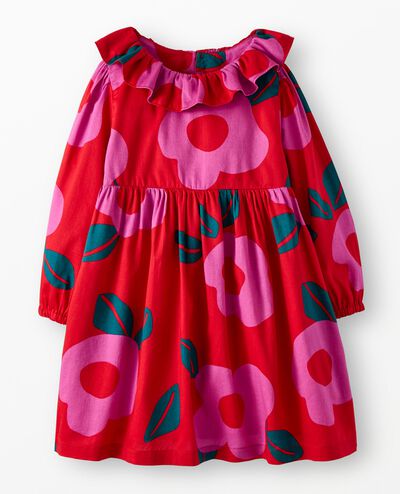 Long Sleeve Twill Collared Dress with Pockets in Purple Orchid Holiday Floral on Ribbon Red - main