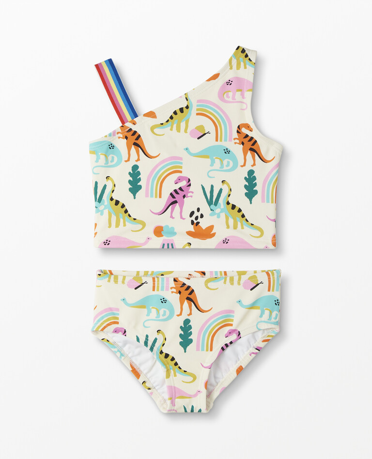 Recycled Sunblock Asymmetrical Two Piece Suit in Rainbow Dinos - main
