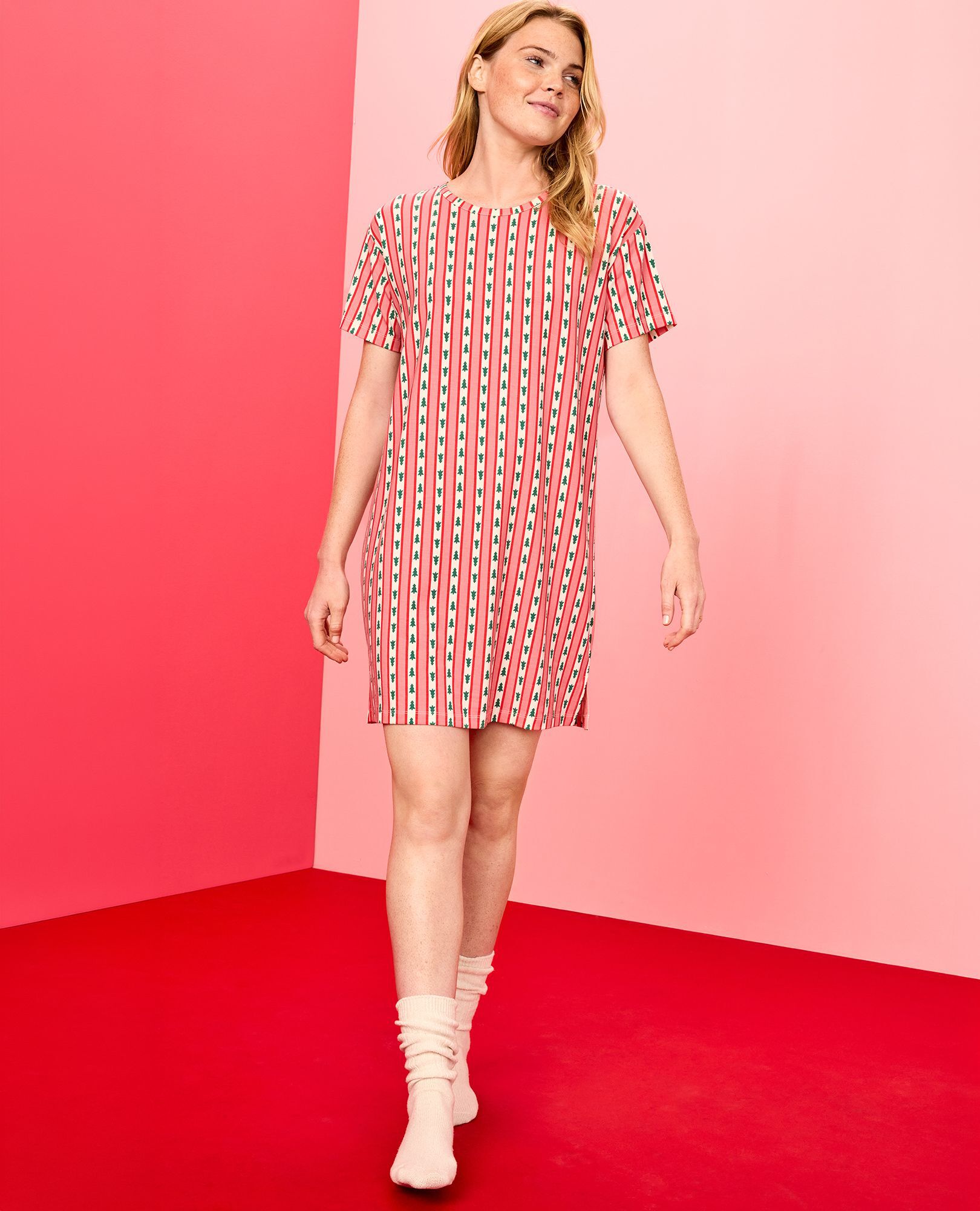 Women's Holiday HannaSoft™ Sleep Dress in Tree Ribbons on Pink - main