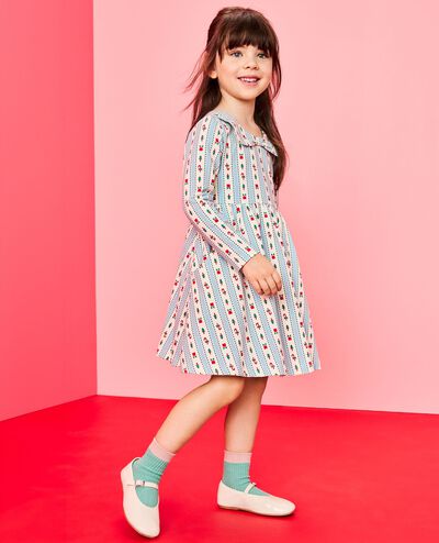 Holiday Long Sleeve Bow Collar Skater Dress with Pockets in Christmas Ribbons on Robin Egg Blue - main