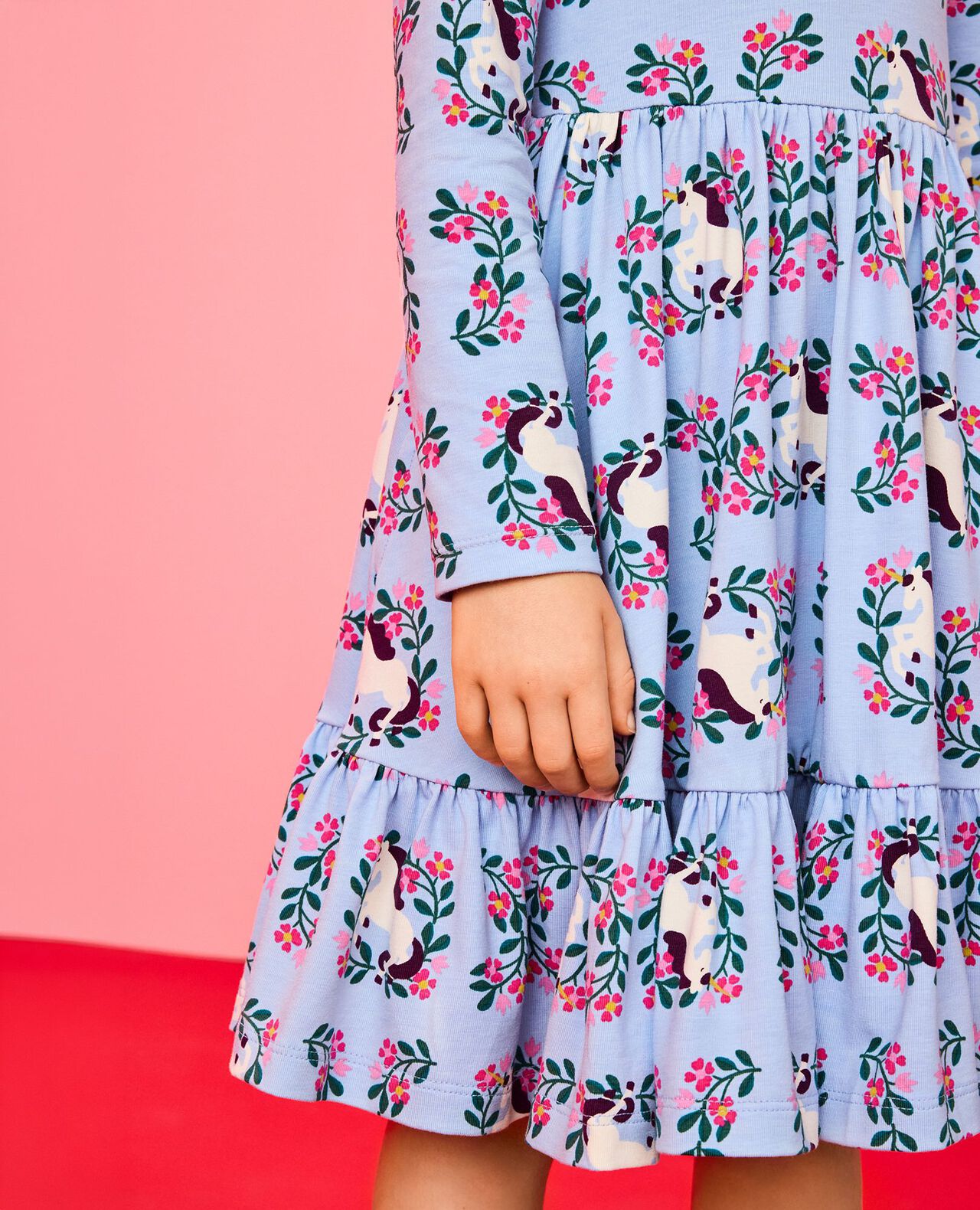 Long Sleeve Ruffle Skater Dress with Pockets in Magical Unicorn on Powder Blue - main
