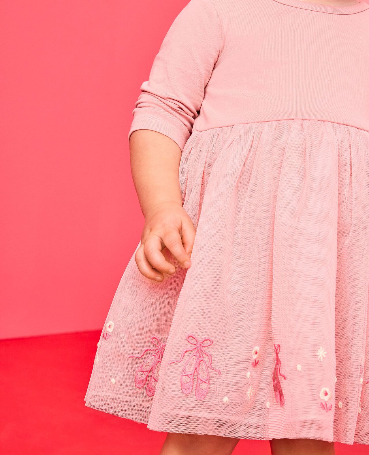 Baby Long Sleeve Tulle Embroidered Dress in Pointe Shoes on Powdered Rose - main