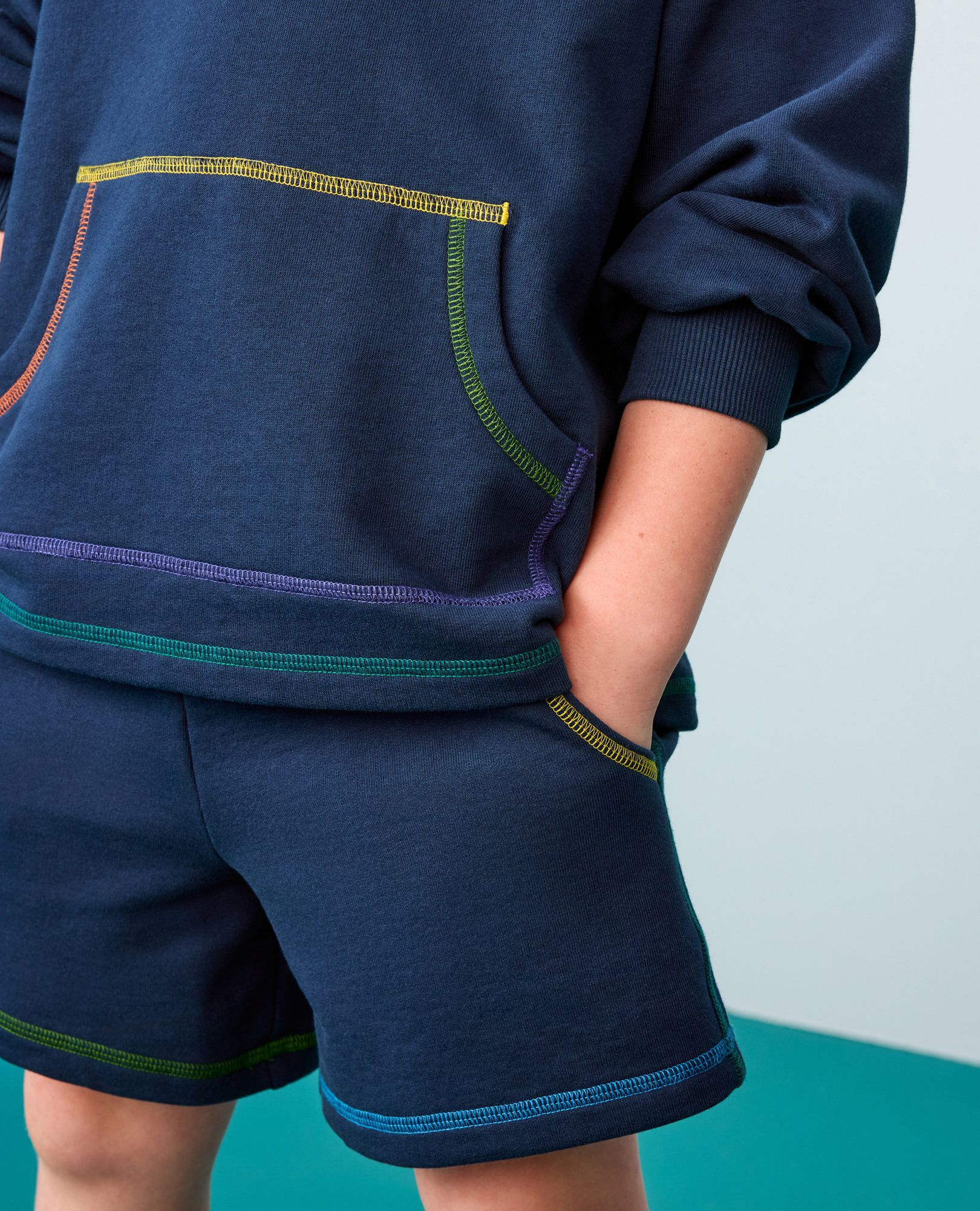 French Terry Sweatshirt & Shorts Set in Navy w/ Rainbow Stitching - main
