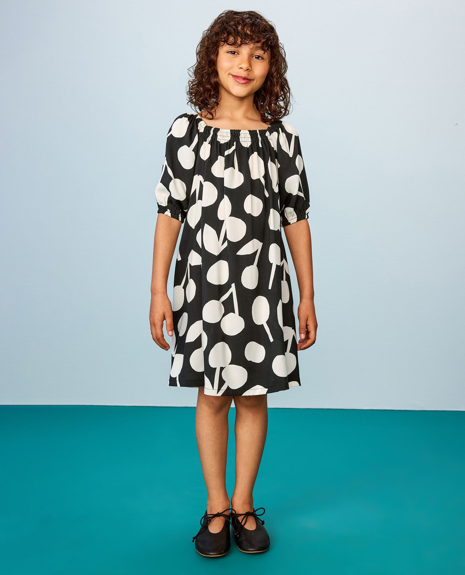 Puff Sleeve Dress in Ecru Cherries on Black - main