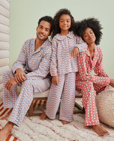 Holiday Ruffle Flannel Pajama Set in Tree Ribbons on Blue - main