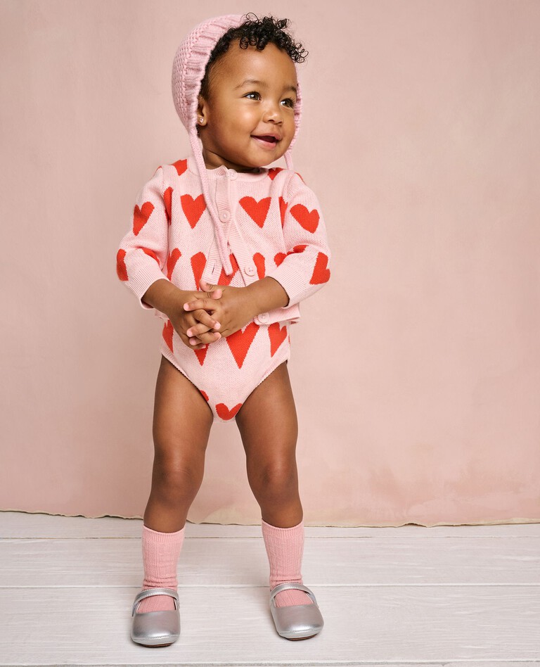 Baby Sweater Knit Strapped Romper in Hearts on Hearts on Cloud Pink - main