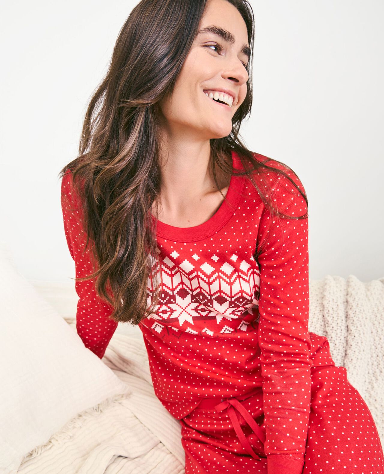 Women's Holiday Long John Pajama Top in Ribbon Red Fairisle - main