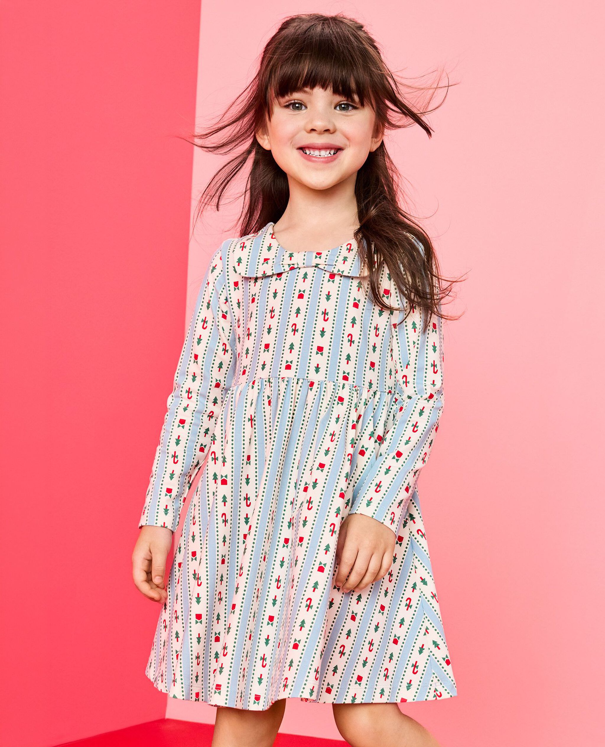 Holiday Long Sleeve Bow Collar Skater Dress with Pockets in Christmas Ribbons on Robin Egg Blue - main