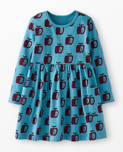Long Sleeve Playground Dress with Pockets in Apples on Chalk Blue - main