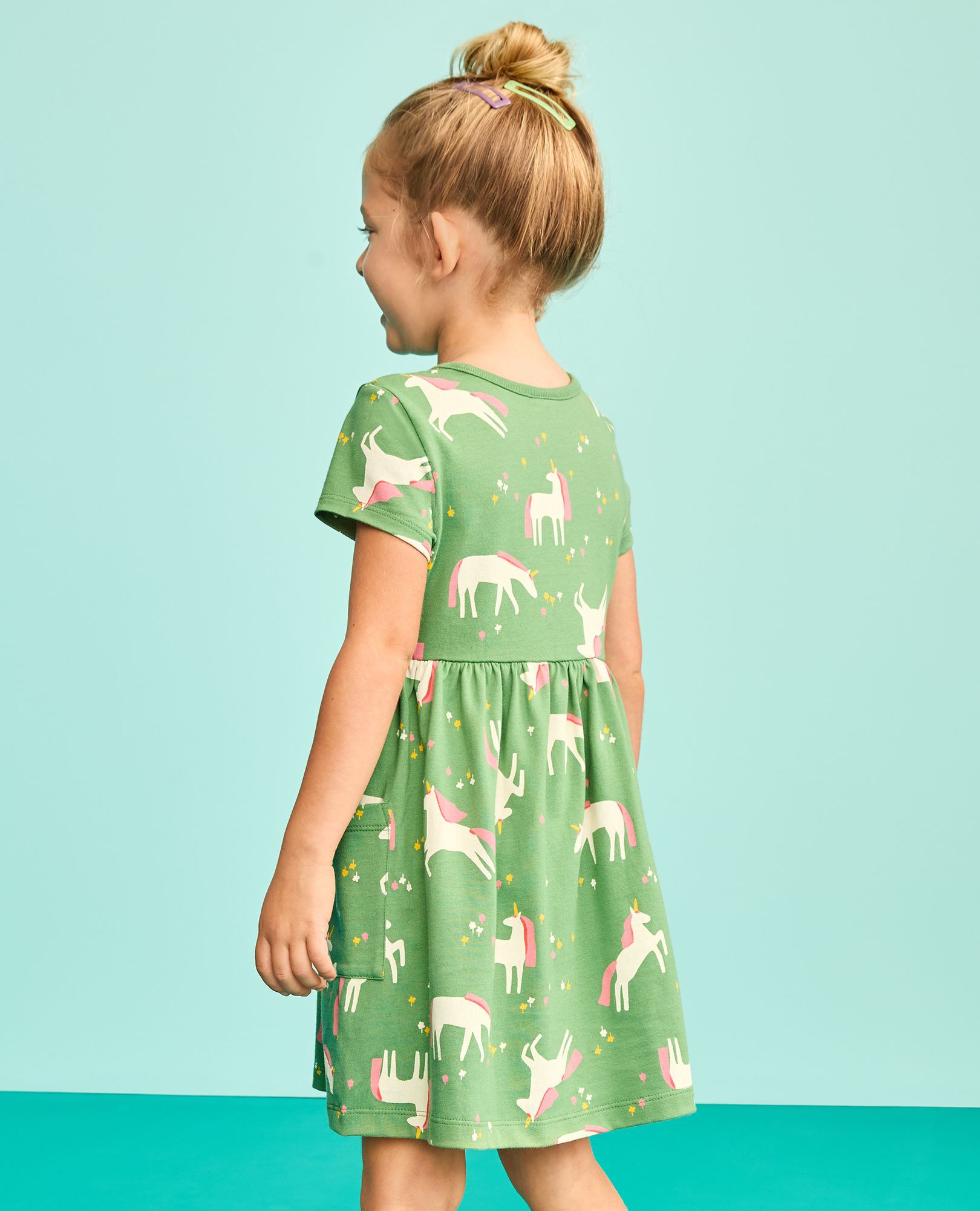 Playground Dress with Pockets in Unicorn Garden on Green - main