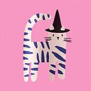 Halloween Long Sleeve Classic Fit Graphic T-Shirt in Witchy Cat on Pink - swatch