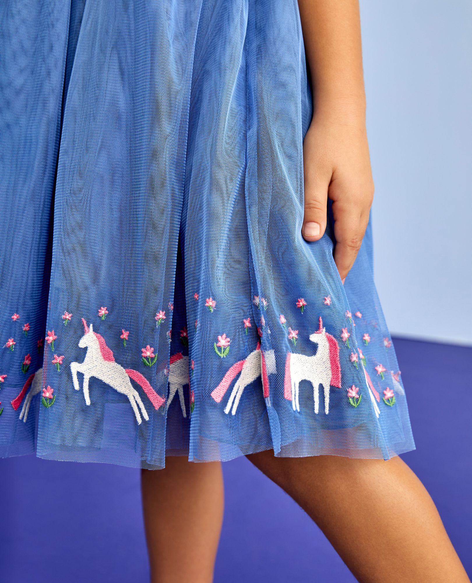 Tulle Embroidered Skater Dress in Unicorn Garden on Blue - main