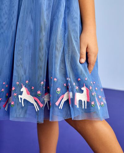Tulle Embroidered Skater Dress in Unicorn Garden on Blue - main