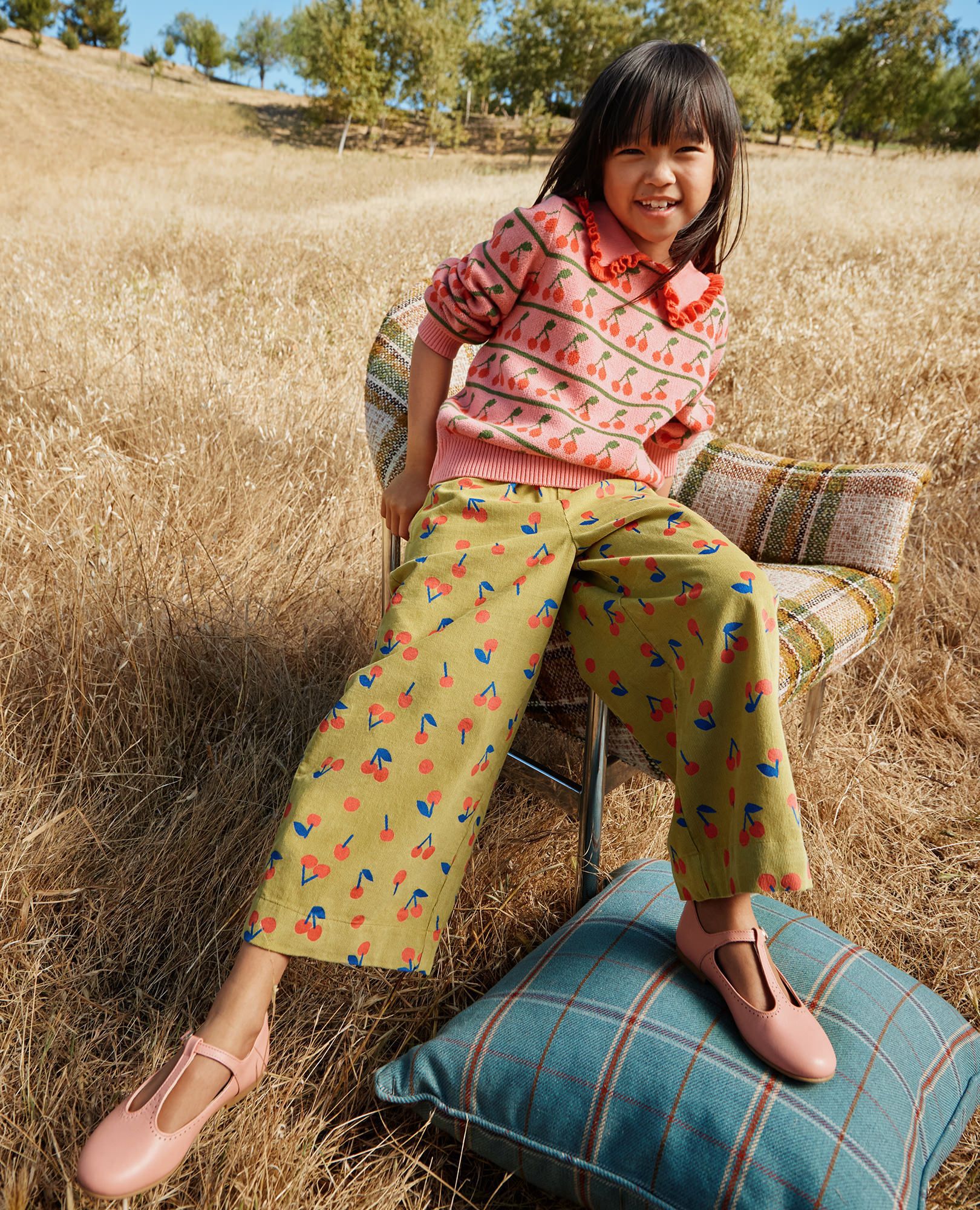 Wide Leg Printed Corduroy Pants in Cherries on Lime Beam - main