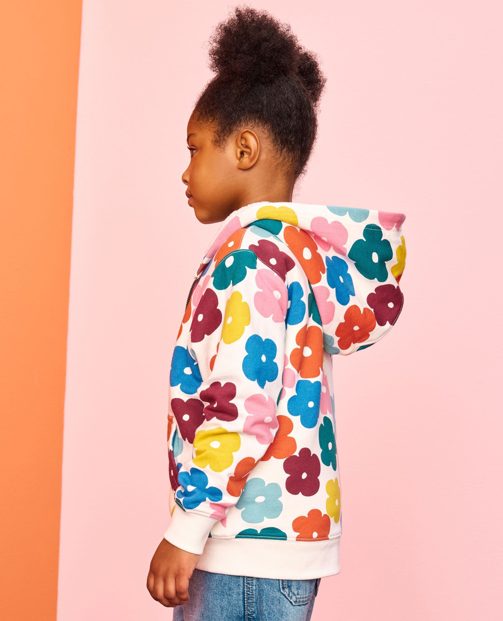 French Terry Faux Shearling Lined Hoodie in Multi Floral on Ecru - main