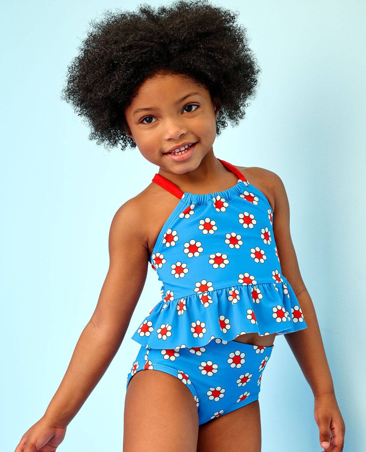 Two-Piece High Neck Swimsuit in Red Flowers on Swedish Sky - main