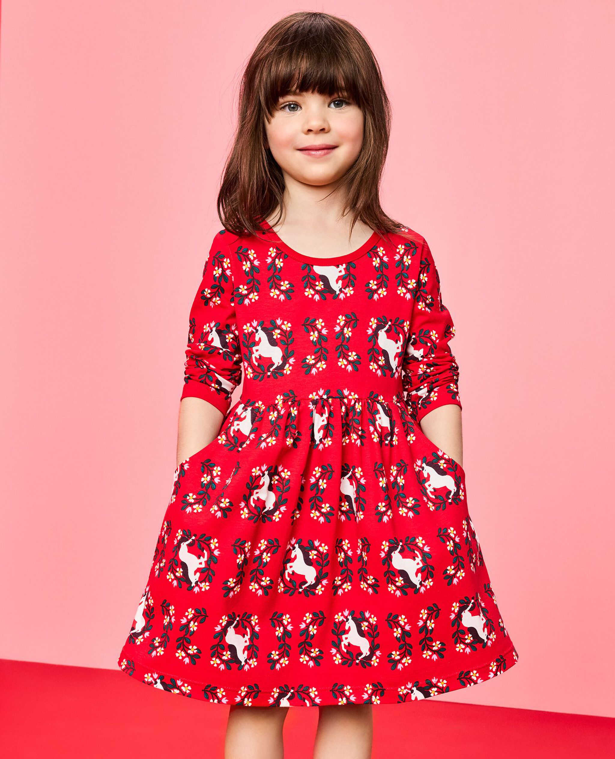 Long Sleeve Everywhere Dress with Pockets in Magical Unicorn on Ribbon Red - main