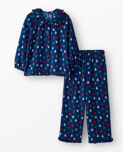 Holiday Flannel Ruffle Pajama Set in Multi Trees on Navy Blue - main