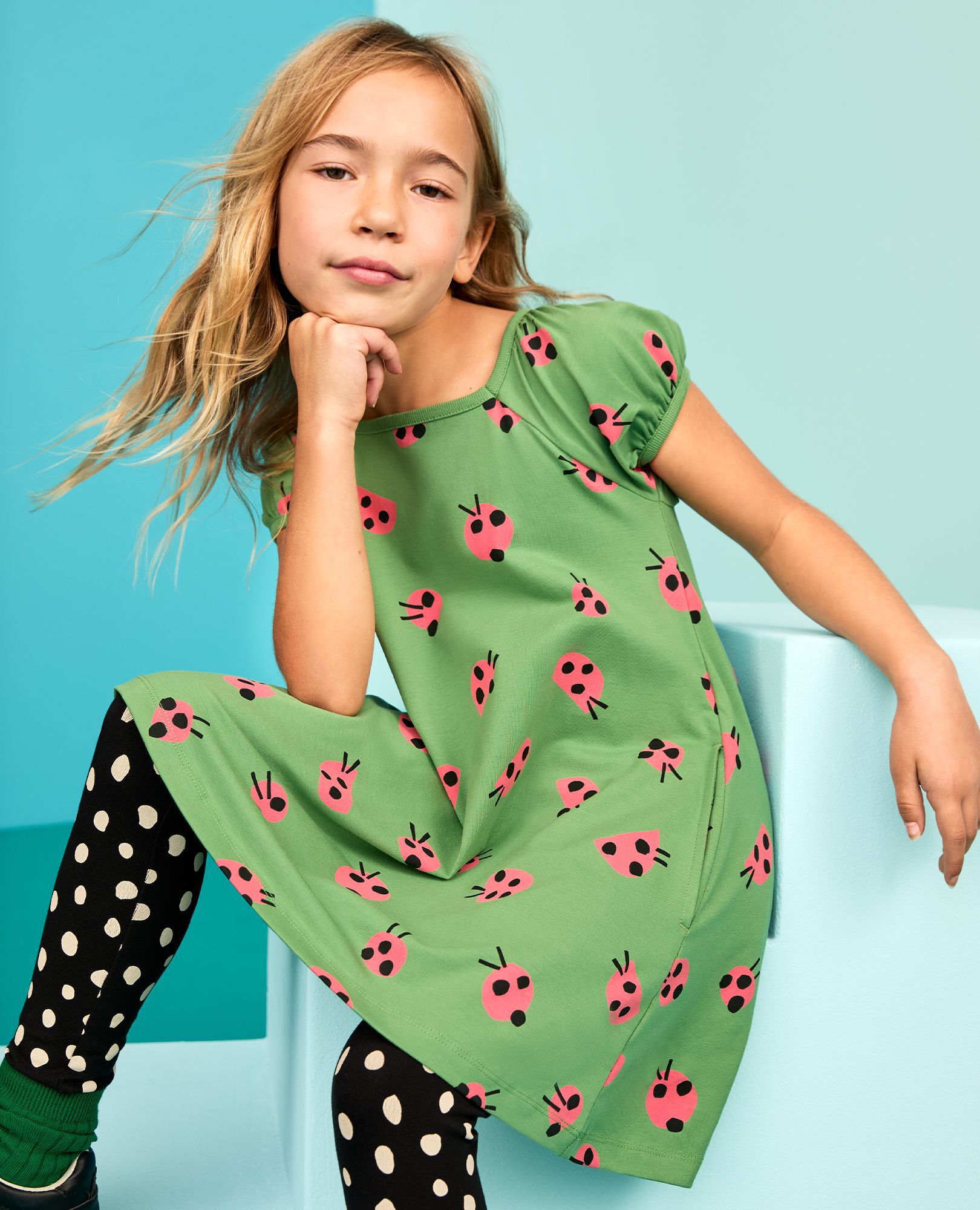 Puff Sleeve Dress with Pockets in Lucky Ladybugs - main