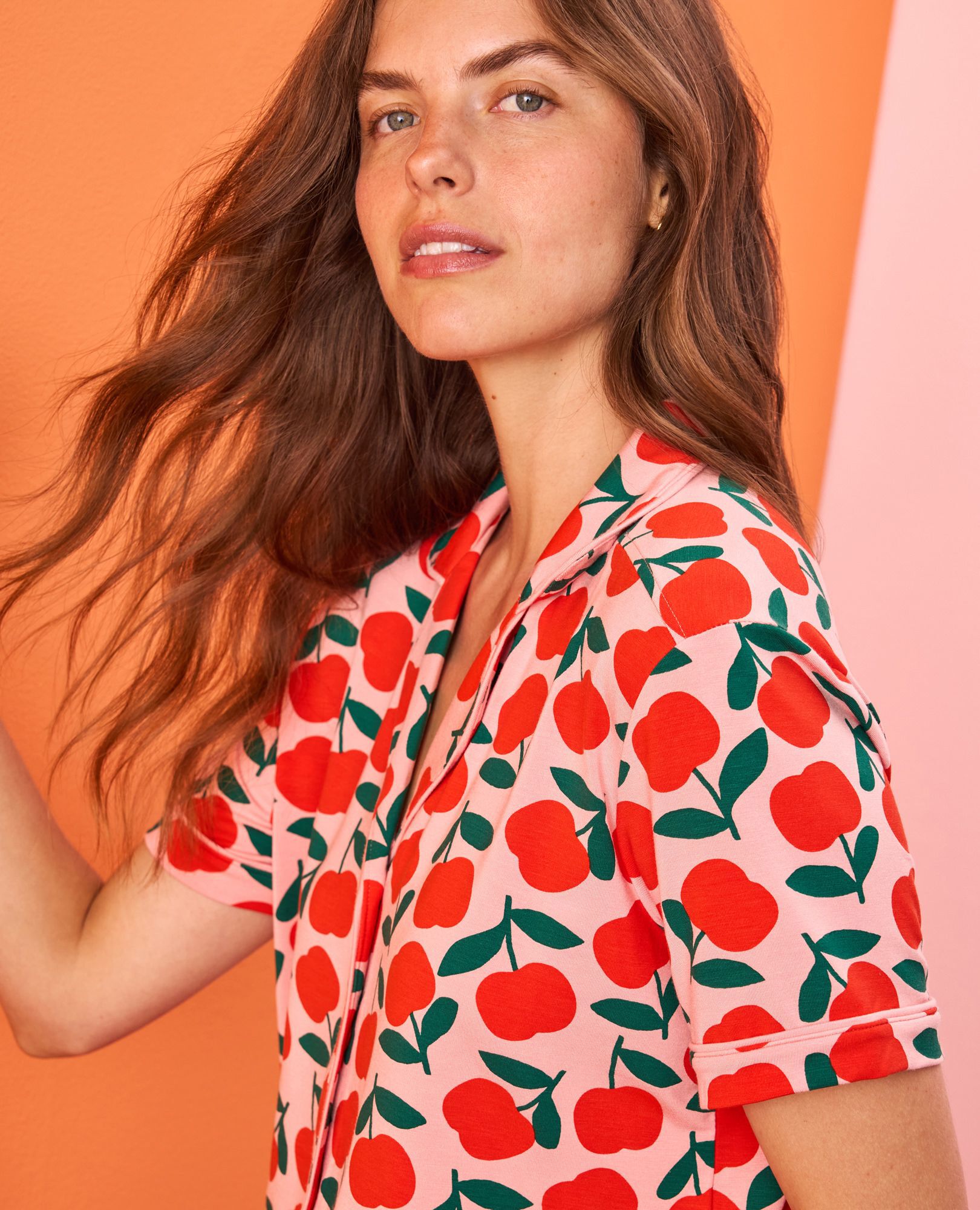 Women's Short Sleeve HannaSoft™ Pajama Set in Red Apples on Pink - main