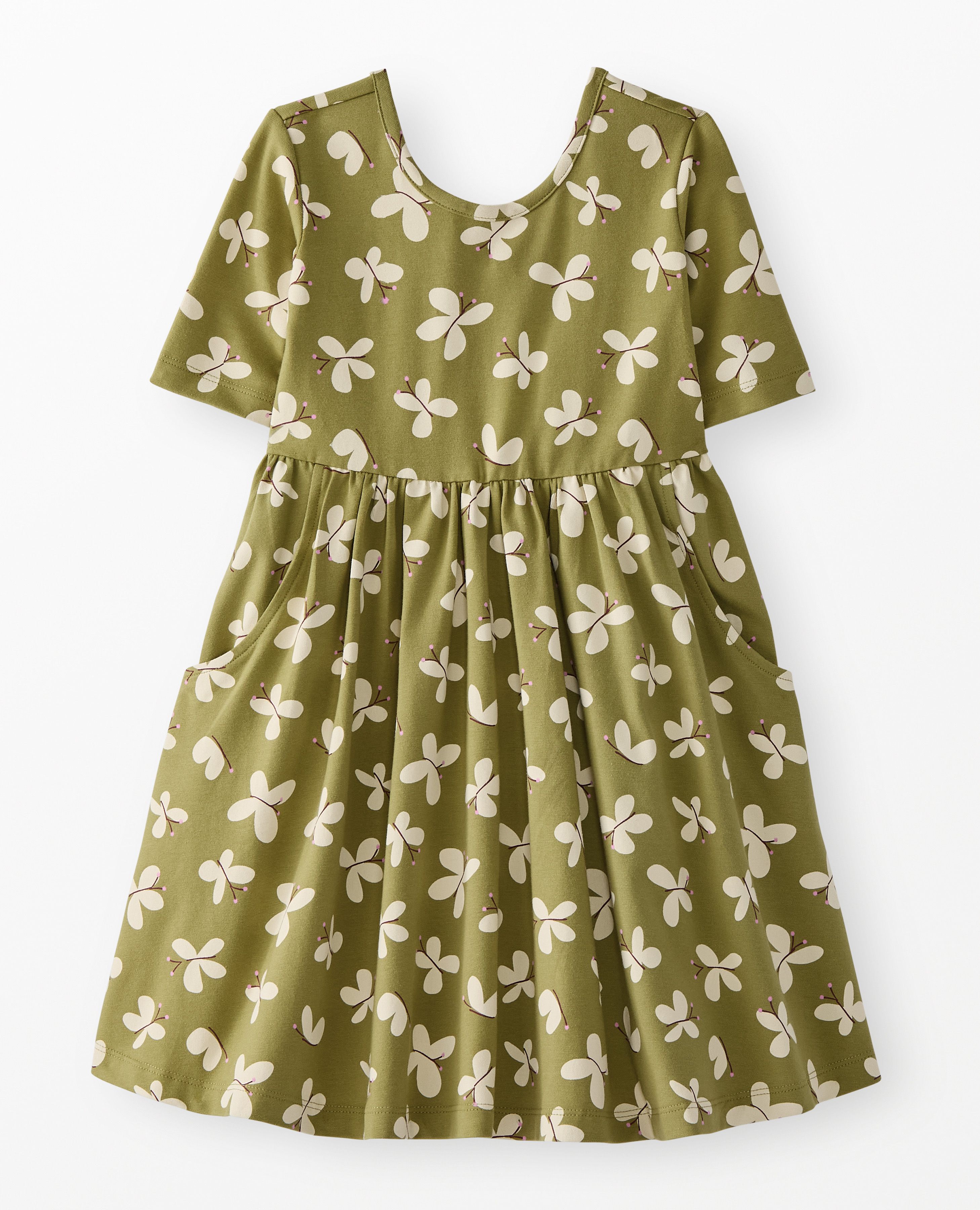 Skater Dress with Pockets in Butterflies on Moss Green - main