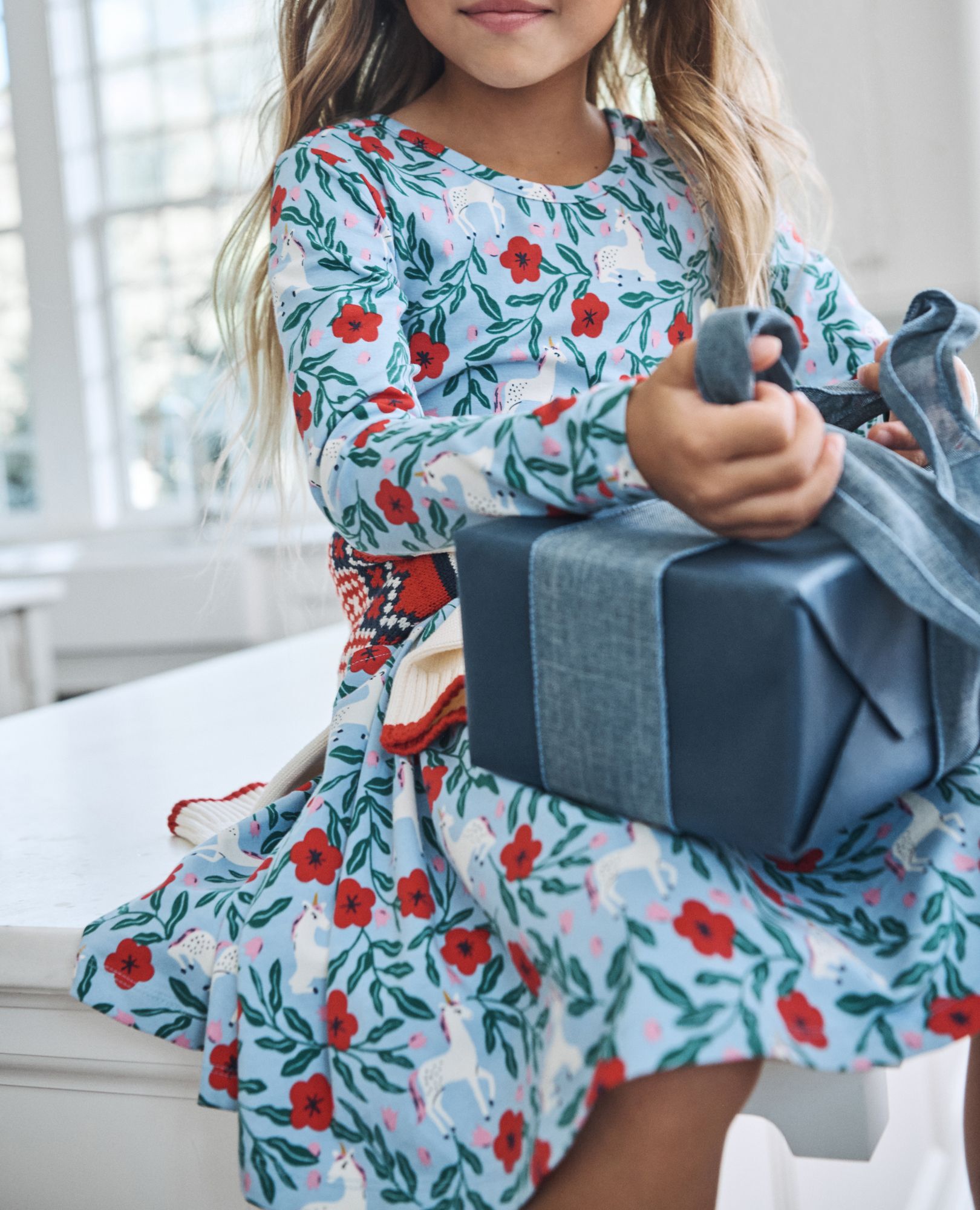 Unicorn Forest On Blue Holiday Long Sleeve Skater Dress with Pockets Little Girls Size 4 by Hanna Andersson