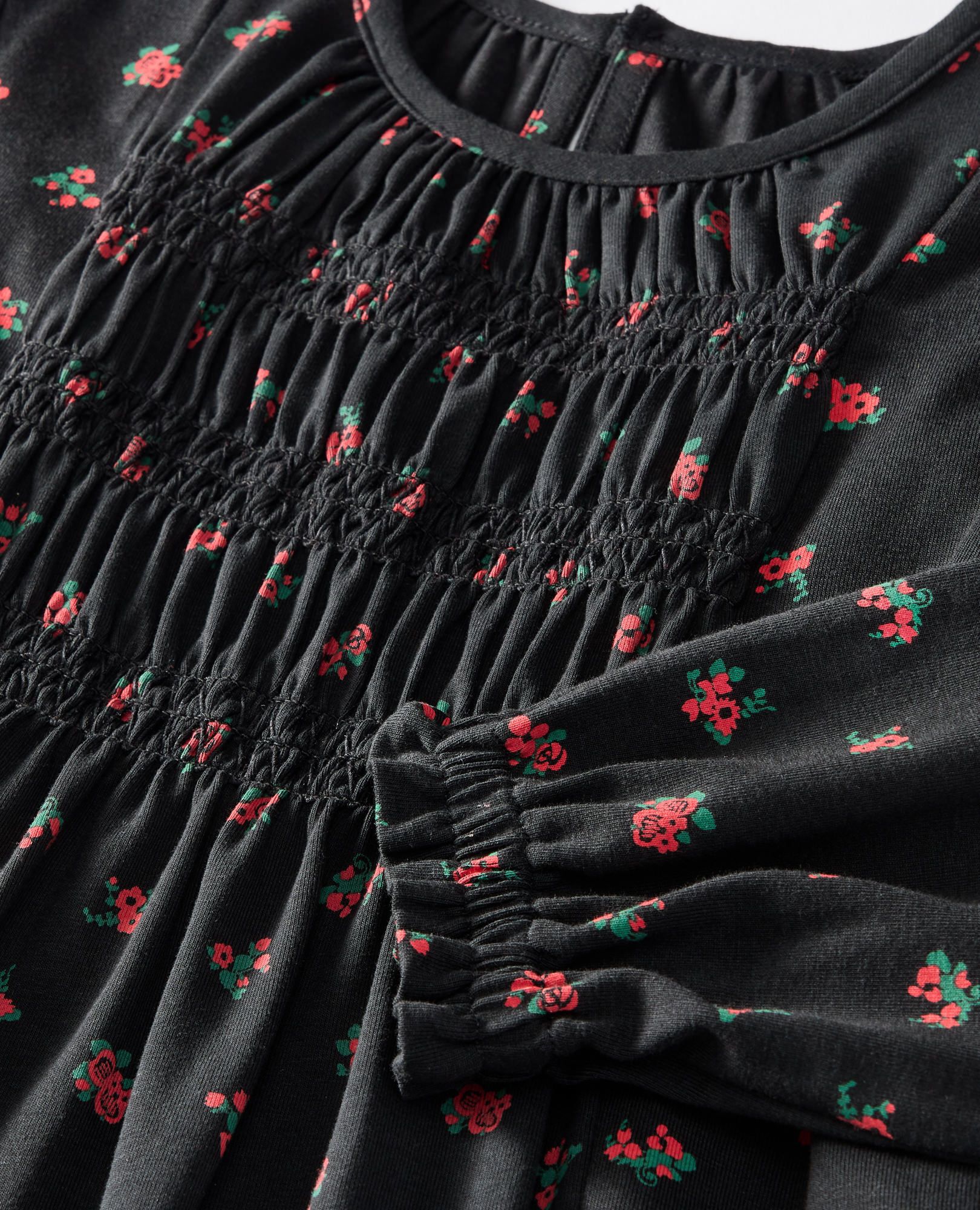 Balloon Sleeve Smocked Dress in Delicate Florals on Black - main