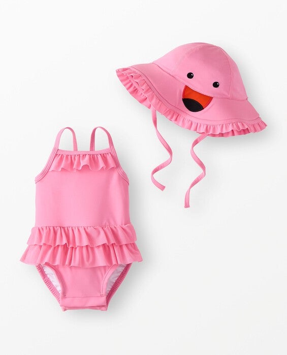 Girls' Flamingos On Azalea Pink One-Piece Flamingo Swimsuit & Swim Hat Set - Size Baby 12-18 mos by Hanna Andersson