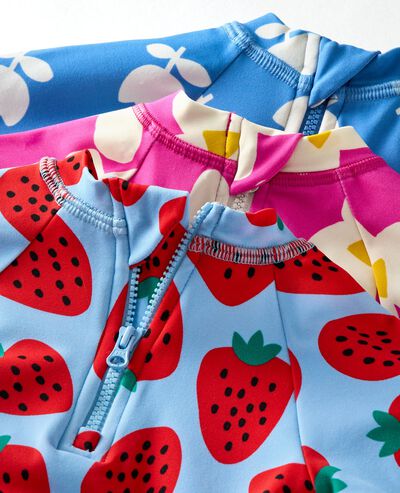 Baby One-Piece Skirted Rashguard Swimsuit in Strawberry Sweetness on Blue - main