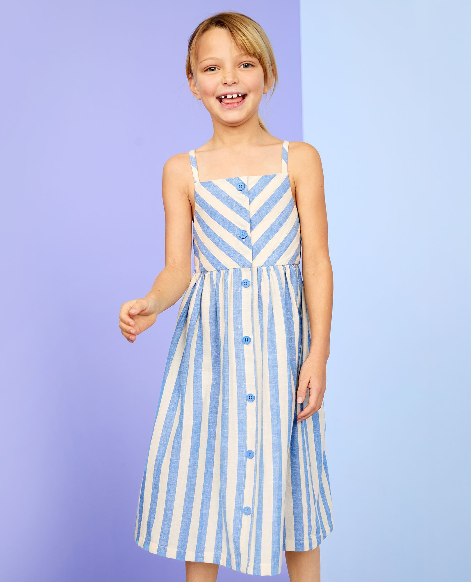 Sleeveless Linen Midi Dress with Pockets in Horizon Blue/Ecru - main