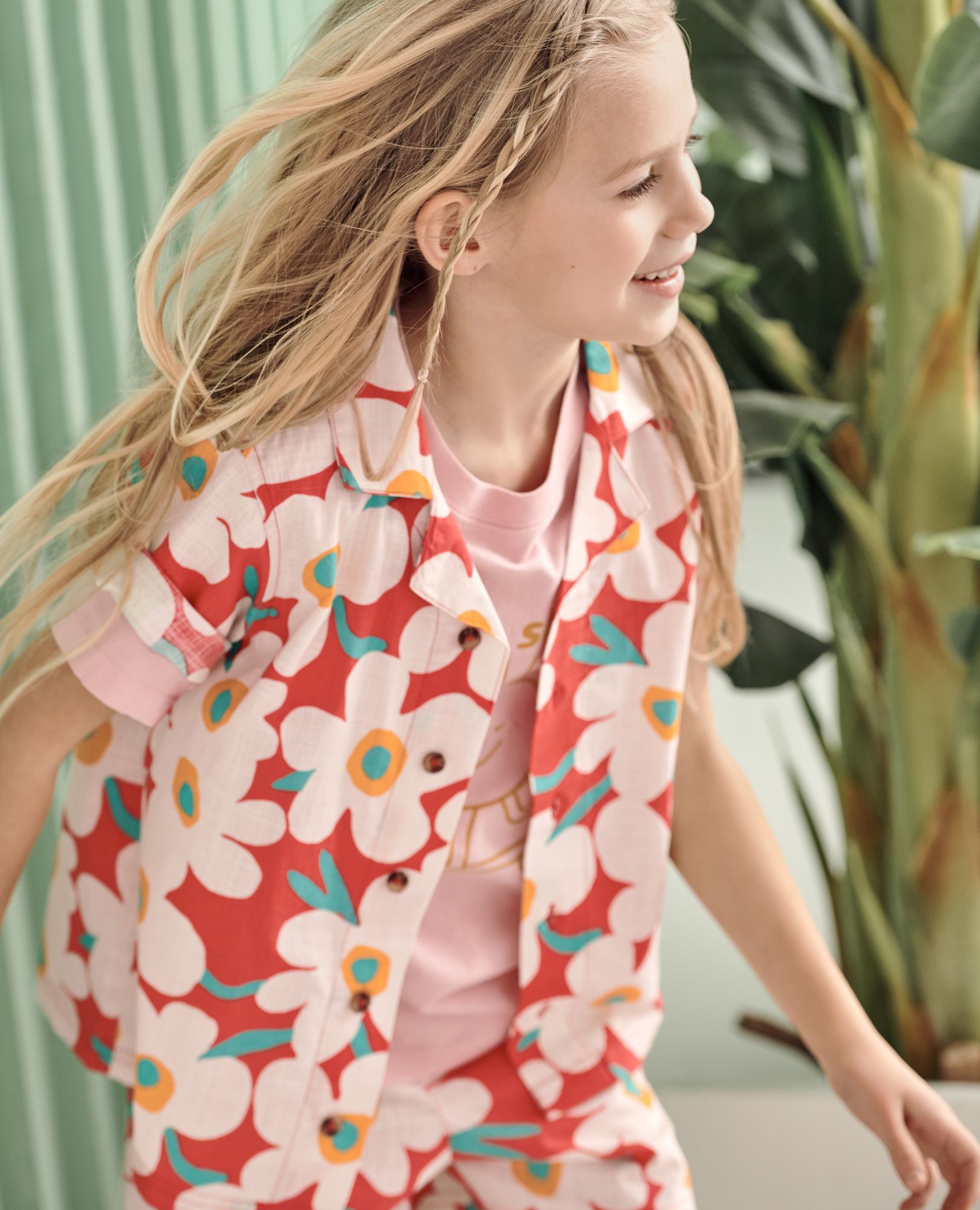 Poplin Button Up Shirt in Bold Poppy on Coral - main