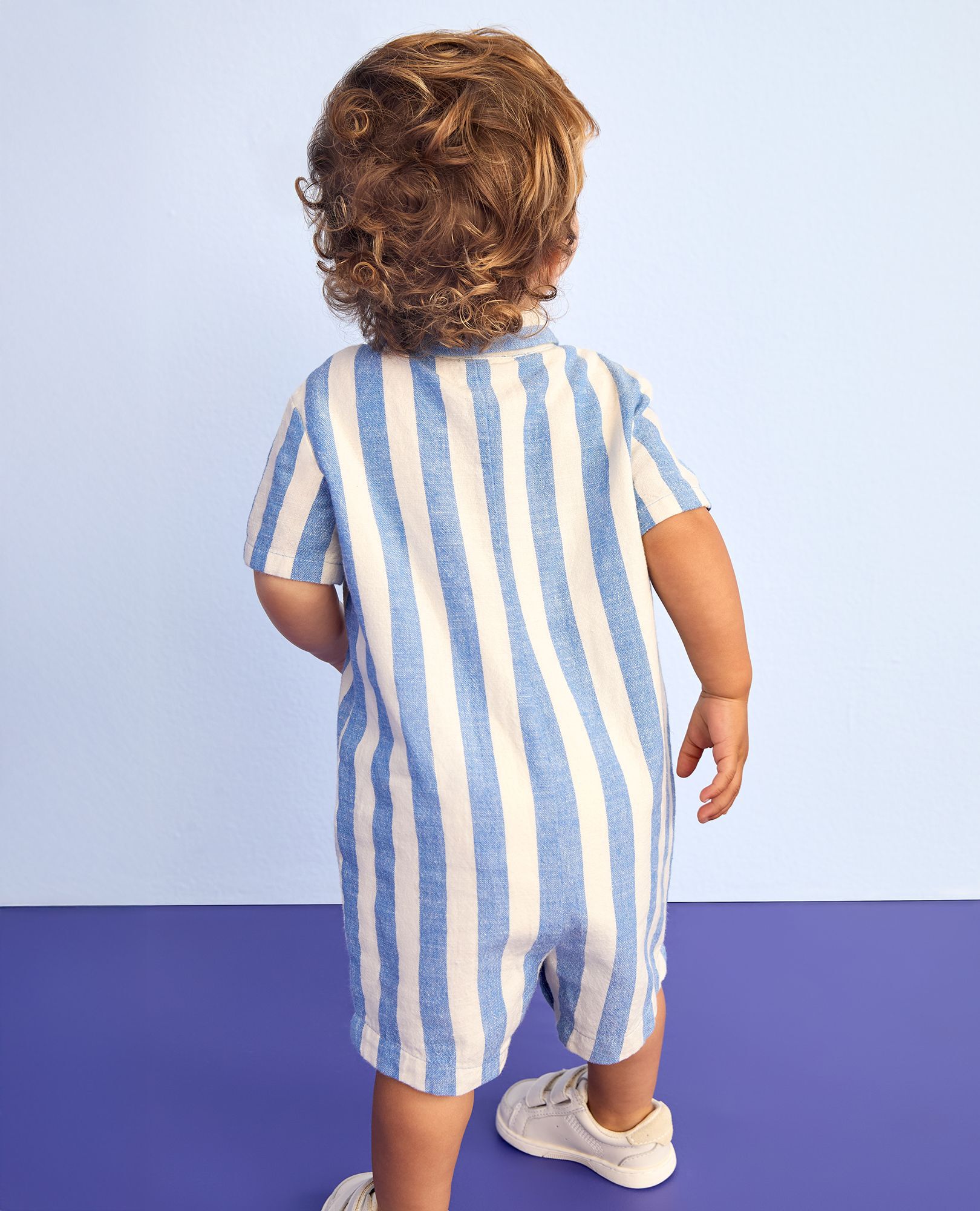 Baby Linen Romper in Horizon Blue/Ecru - main