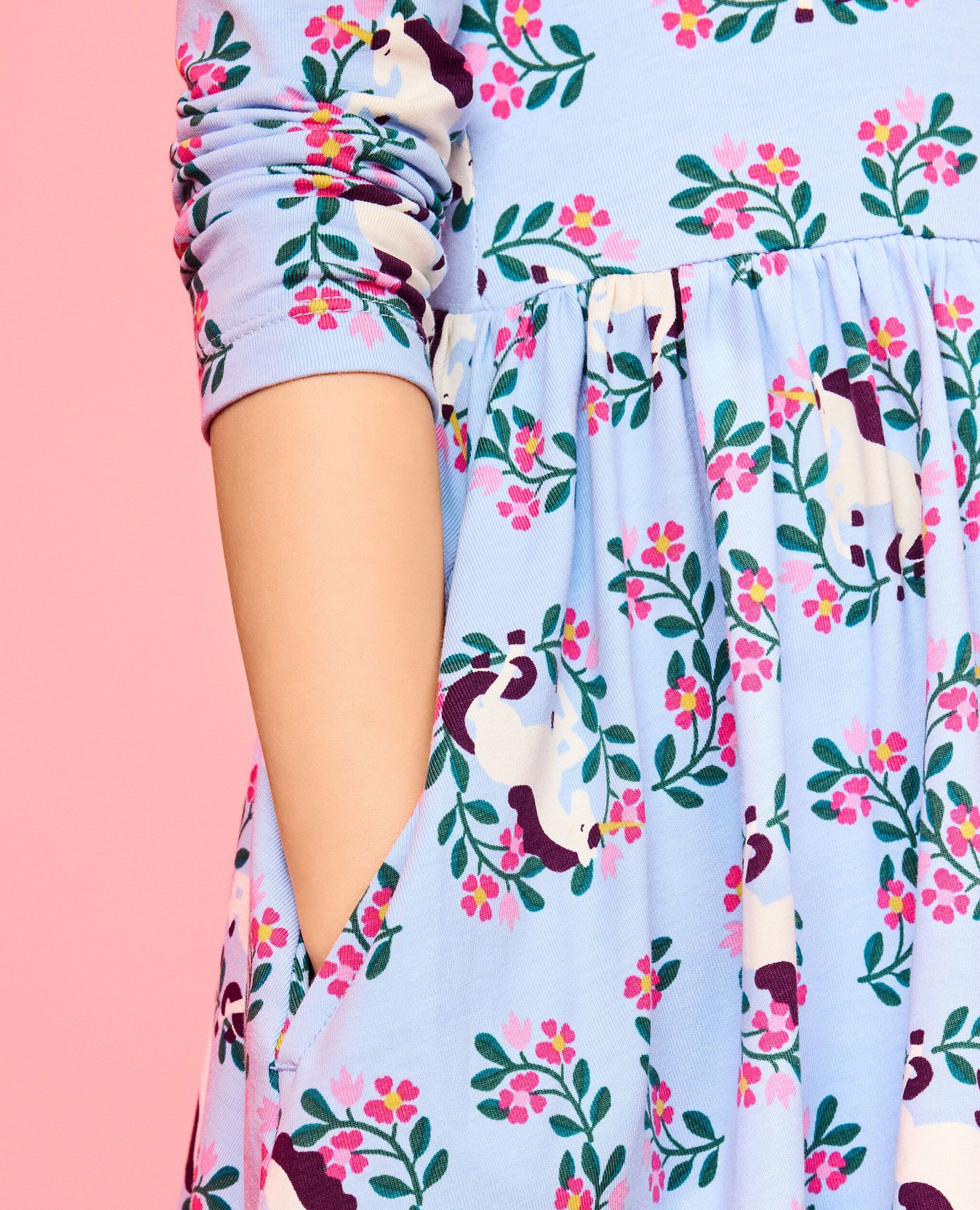 Long Sleeve Ruffle Skater Dress with Pockets in Magical Unicorn on Powder Blue - main