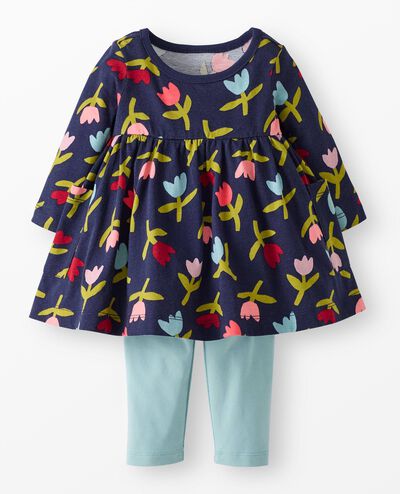 Baby Long Sleeve Pocket Dress & Leggings Set in Multi Tulips on Navy - main