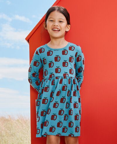 Long Sleeve Playground Dress with Pockets in Apples on Chalk Blue - main